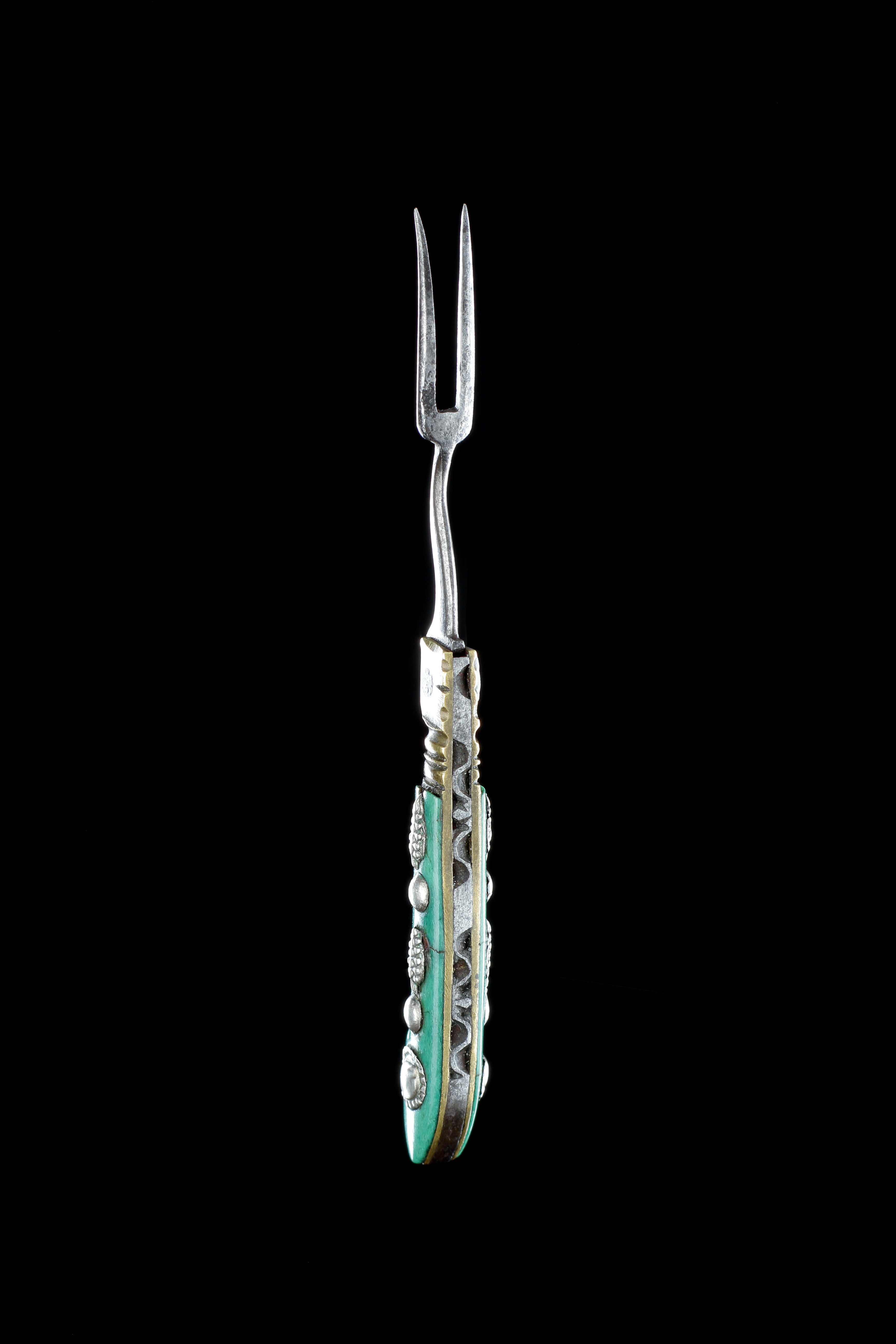 Rare German Saxony Folding Steel Brass Silver and Green Stained Ivory Miniature Fork